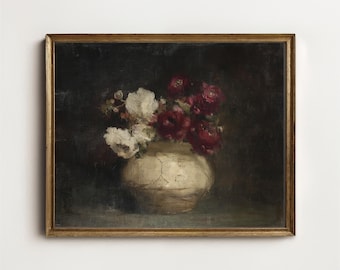 Dark Floral Still Life Art, Burgundy and Cream Flower Painting, Moody Botanical Decor, Printable Digital Art Download 14-58
