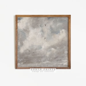 May include: A framed painting of a cloudy sky with birds flying in formation. The painting is in a wooden frame with a light brown finish. The text "NORTH PRINTS vintage art collective" is printed below the frame.