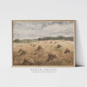 Vintage Hay Field Farmhouse Painting | Tonal Autumn Landscape Art Print | Digital PRINTABLE | 1095