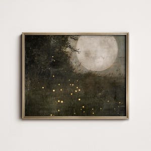 May include: A painting of a full moon in a dark sky with a forest in the foreground. The moon is white and the forest is dark green. There are small, yellow lights scattered throughout the forest, resembling fireflies.