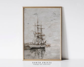 Muted Nautical Ship Art PRINTABLE Oil Painting | Vintage Sailboat | Digital Download | 5-83