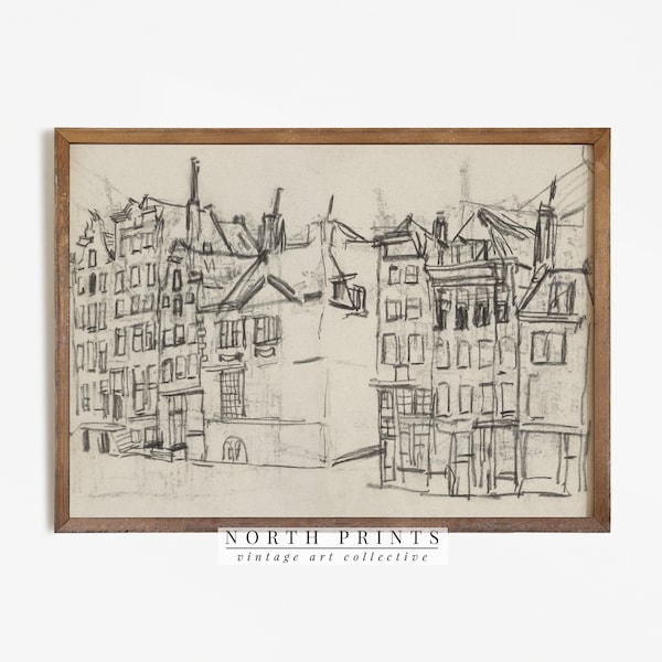 Vintage Architecture Sketch Art | Antique Cityscape Line Drawing Amsterdam PRINTABLE | 562