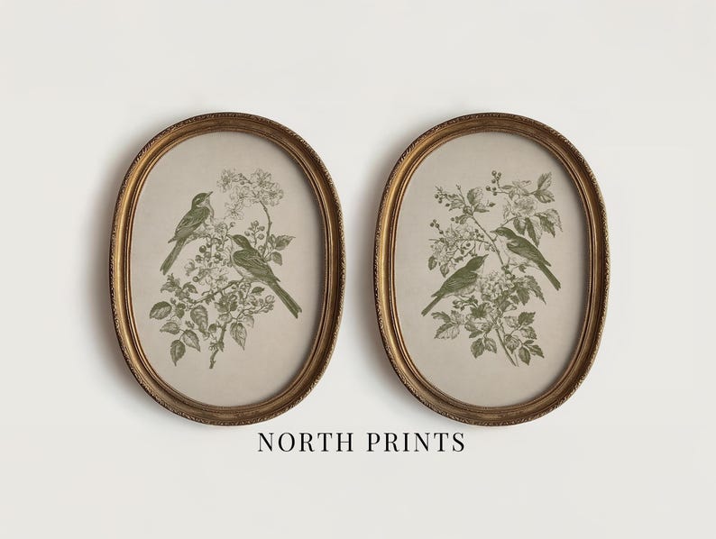 May include: Two framed oval prints featuring green illustrations of birds perched on flowering branches. The frames are gold-colored with a detailed, ornate design. The text "NORTH PRINTS" is printed at the bottom of the image.