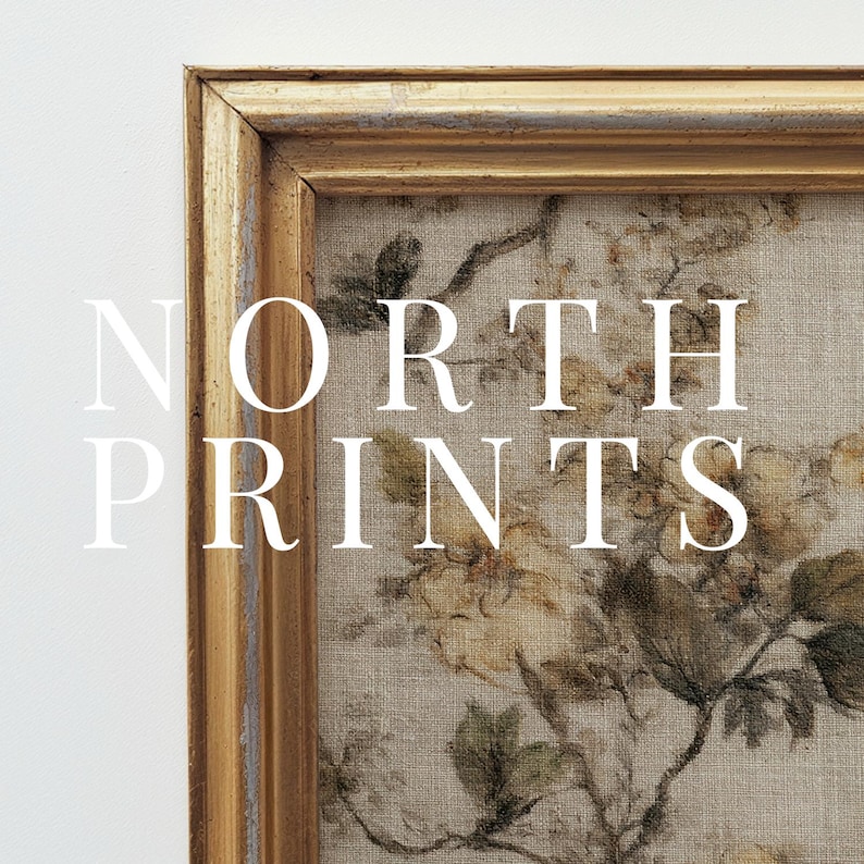 Op de afbeelding: Een ingelijste bloemenprint met de tekst "NORTH PRINTS" in het wit. De lijst is goudkleurig met een verweerde afwerking. Het kunstwerk heeft een gedempt kleurenpalet van beige, bruin en groen, dat een botanisch ontwerp weergeeft.
