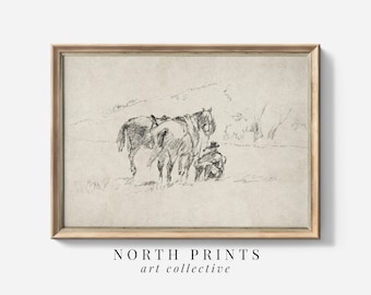 PRINTABLE Vintage Western Cowboy Sketch | Minimalist Neutral Wall Art Digital Download | North Prints | W-332