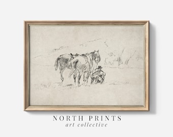 May include: A black and white pencil sketch of two horses and a person in a field. The horses are standing side by side, and the person is sitting on the ground in front of them.