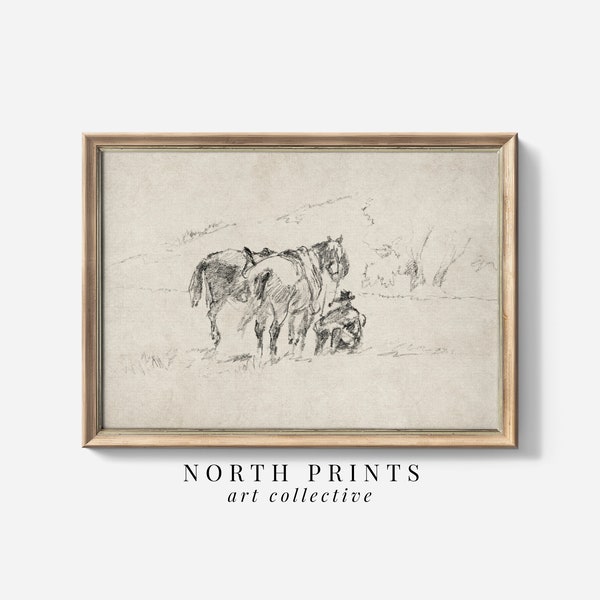 Croquis de cow-boy occidental vintage imprimable | Art mural neutre minimaliste en téléchargement numérique | Affiches du Nord | W-332