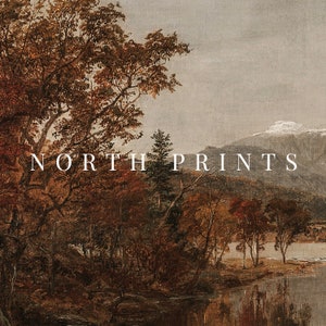 May include: A vintage-style painting of a forest scene with a lake in the foreground. The trees are in shades of brown and green, and the lake is a calm blue. The text "NORTH PRINTS" is superimposed on the image.