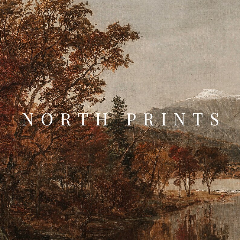 May include: A vintage-style painting of a forest scene with a lake in the foreground. The trees are in shades of brown and green, and the lake is a calm blue. The text "NORTH PRINTS" is superimposed on the image.