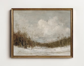 Vintage Winter Landscape Print, Snowy Countryside Oil Painting, Printable Digital Download W1-102