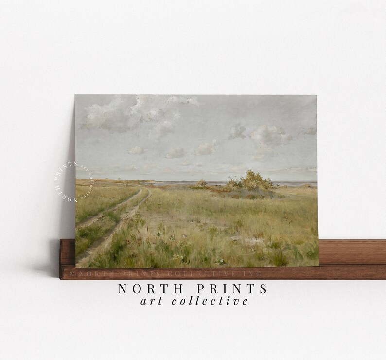 May include: A vintage painting of a dirt road leading to a grassy field with a body of water in the distance. The sky is a light blue with white clouds. The painting is framed and has a white mat.