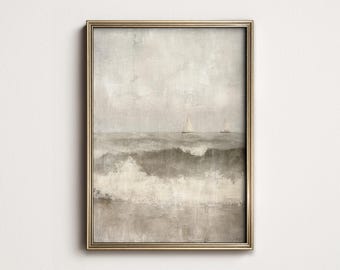 May include: A framed painting of a seascape with two sailboats in the distance. The painting is done in muted tones of gray and brown, with white highlights on the waves.