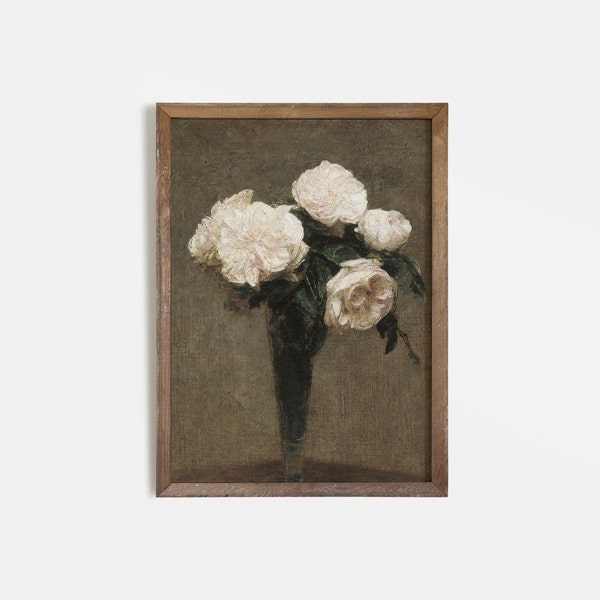 Weisse Rose Gemälde | Französischer Vintage Druck | Stimmungsvolles antikes Dekor druckbare Kunst #31