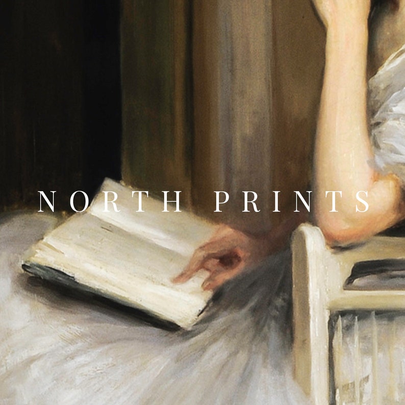 May include: A vintage painting of a woman in a white dress reading a book. The woman is sitting in a chair with her arm resting on the back of the chair. The painting is in a muted color palette with shades of brown, white, and cream. The text "NORTH PRINTS" is visible in the bottom center of the image.