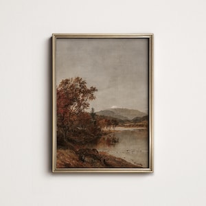 Moody Autumn Lake Painting, PRINTABLE Rustic Fall Decor Print, Fine Art North Prints, Digital Downloadable Art A-20