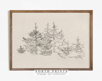 Puede incluir: Un dibujo en blanco y negro de un grupo de pinos. El dibujo está sobre un fondo beige y enmarcado en un marco de madera marrón. El texto "NORTH PRINTS vintage art collective" está en la parte inferior de la imagen.