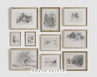 Neutral Living Room Gallery Wall Art Set | Vintage Sketch Prints | Etching Home Decor PRINTABLE | S54