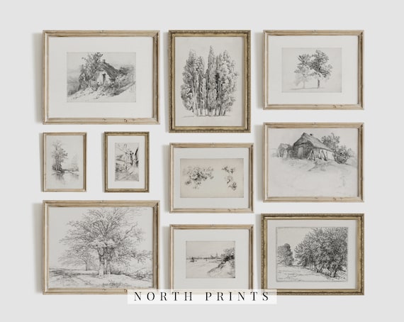 Vintage Sketch Prints Set: Neutral Gallery Wall Art (digital