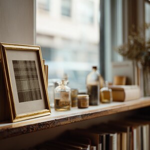 May include: A gold-framed picture with a plaid pattern stands on a shelf next to a stack of books. Various glass bottles and jars are arranged on the shelf, along with a vase of dried flowers. The shelf is made of wood.