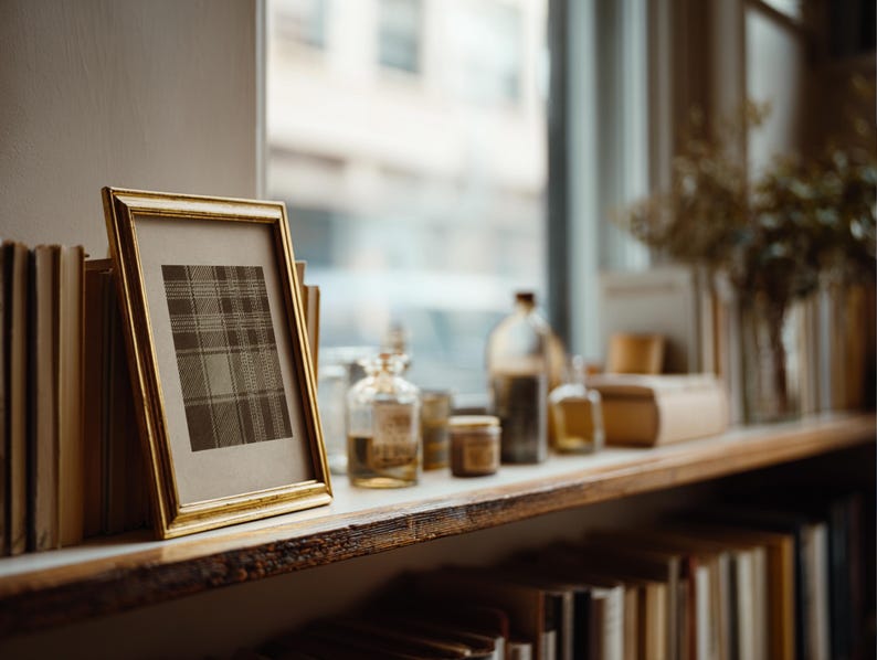 May include: A gold-framed picture with a plaid pattern stands on a shelf next to a stack of books. Various glass bottles and jars are arranged on the shelf, along with a vase of dried flowers. The shelf is made of wood.