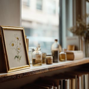 Op de afbeelding: Een goudomrand prent van madeliefjes staat op een houten plank naast boeken en glazen flessen. De plank maakt deel uit van een etalage. Vintage en botanisch thema.