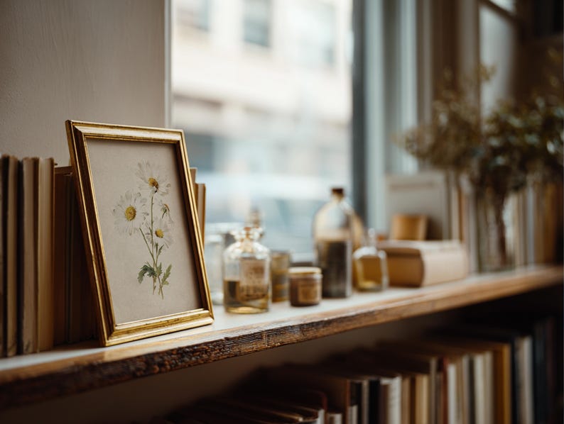 Op de afbeelding: Een goudomrand prent van madeliefjes staat op een houten plank naast boeken en glazen flessen. De plank maakt deel uit van een etalage. Vintage en botanisch thema.