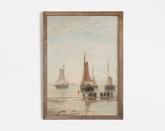 May include: A framed painting depicting a seascape with three sailboats in the distance. The boats are brown and have white sails. The water is a light blue and the sky is a pale blue. The painting is in a wooden frame.