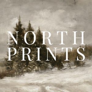 Puede incluir: Una pintura de paisaje en tonos grises y marrones apagados que presenta un grupo de &aacute;rboles de hoja perenne contra un cielo nublado. El texto NORTH PRINTS est&aacute; superpuesto en letras may&uacute;sculas blancas grandes en el centro de la obra, que muestra texturas de pinceladas.
