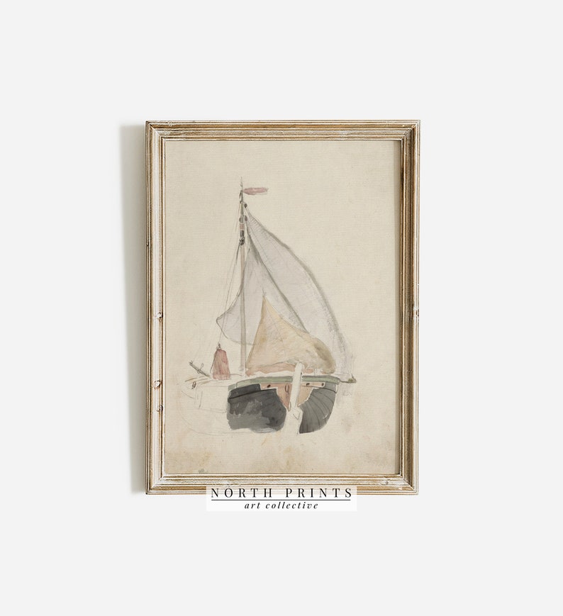 Puede incluir: Una pintura de acuarela enmarcada de un velero con una vela blanca y un casco marr&oacute;n claro. La pintura est&aacute; sobre un fondo beige y tiene un marco de madera claro.