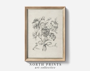 Antique Victorian Rose Bouquet Sketch PRINTABLE Art | Bedroom Wall Art Print | Digital Download North Prints SK-352