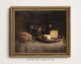 Old World Bread and Wine Wall Art, Vintage Cheese Still Life Painting, Antique Kitchen Decor, Printable Digital Download 13-158