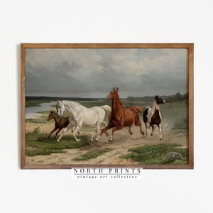 Vintage Western Oil Painting | Nursery Wild Horses Print PRINTABLE Antique Art Horizontal #179