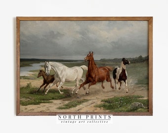 Vintage Western Oil Painting | Nursery Wild Horses Print PRINTABLE Antique Art Horizontal #179