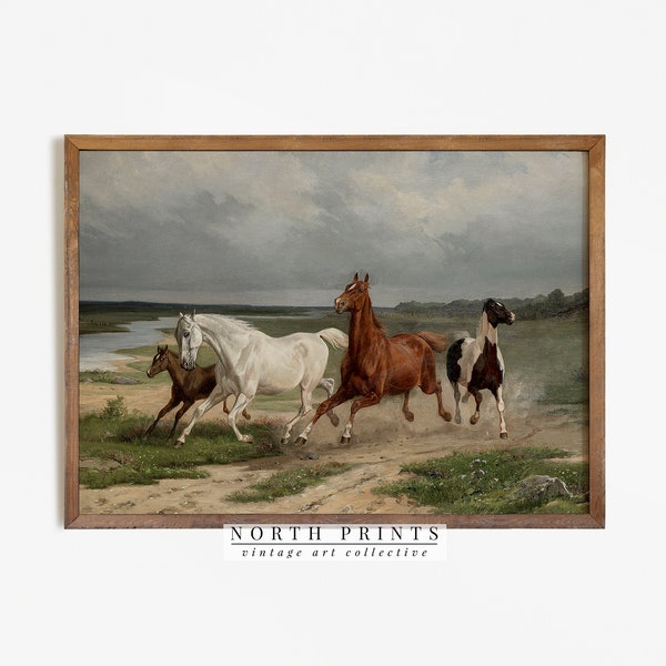 Vintage Western Oil Painting | Nursery Wild Horses Print PRINTABLE Antique Art Horizontal #179
