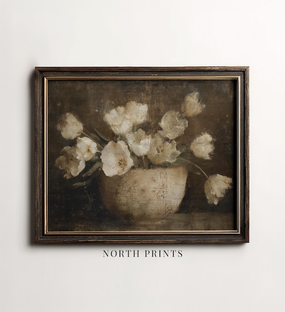 Dark Floral Still Life Painting, Moody Tulip PRINTABLE Digital Art Download North Prints 12-188