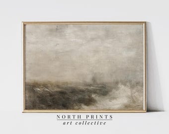 May include: A framed painting of a seascape with a stormy sea and a cloudy sky. The painting is in shades of gray and brown.