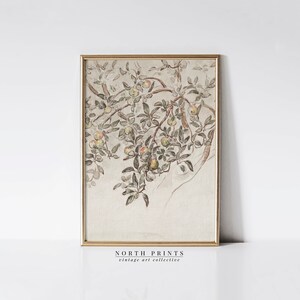 May include: A vintage watercolor painting of a branch of an apple tree with green leaves and red apples. The painting is framed in a gold frame and has a white background.