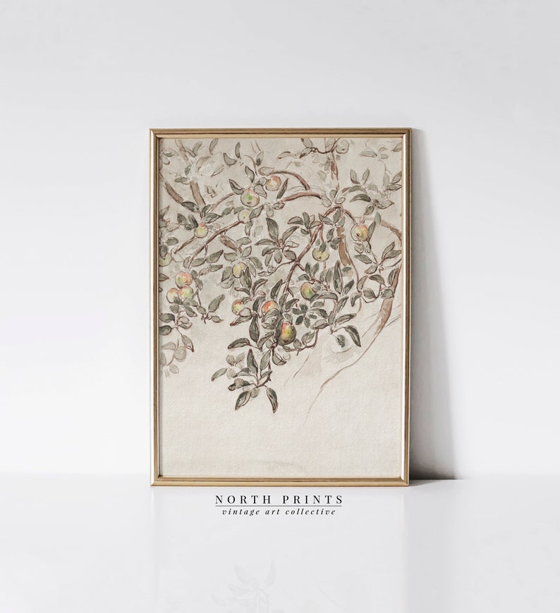 May include: A vintage watercolor painting of a branch of an apple tree with green leaves and red apples. The painting is framed in a gold frame and has a white background.