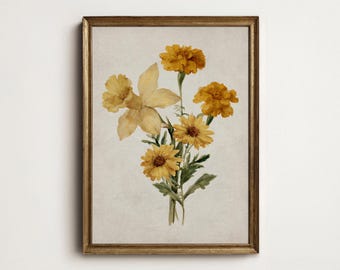 Vintage Yellow Flower Bouquet Print, Daffodil Aster Marigold Botanical Art Digital Download 14-71