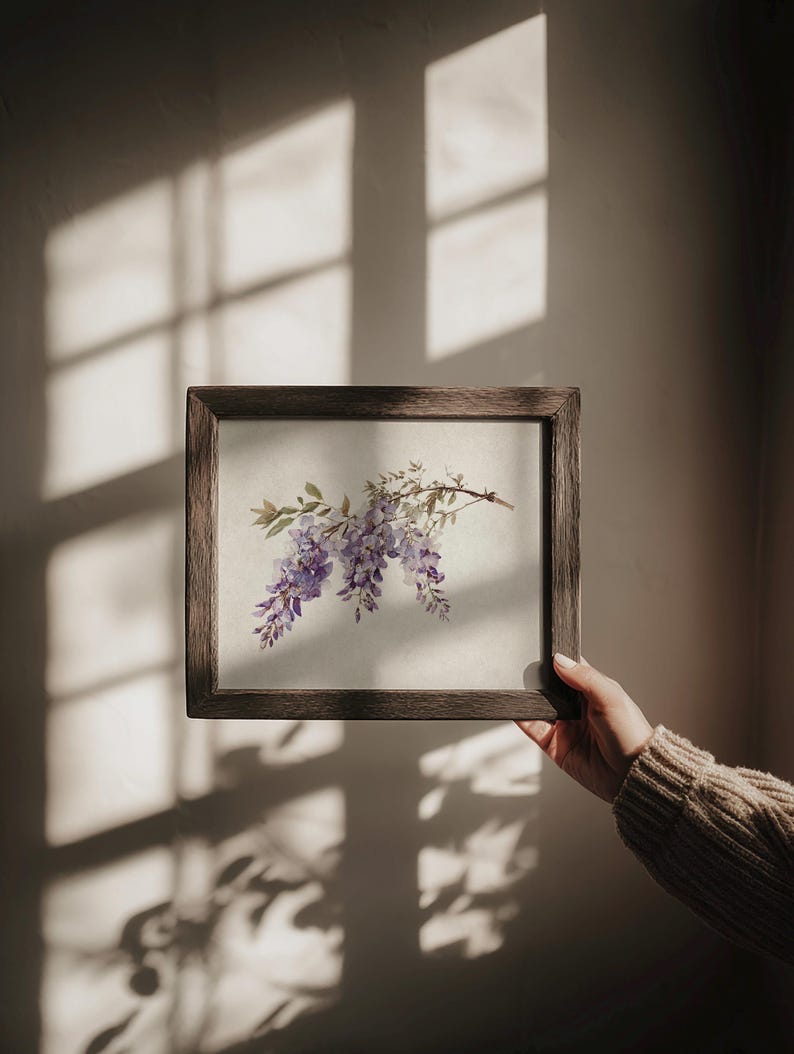May include: A framed watercolor print featuring a sprig of purple wisteria blossoms. The artwork is set in a dark brown wooden frame and held against a neutral wall, with sunlight casting shadows.