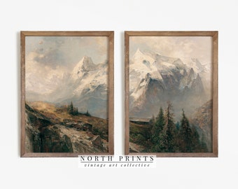 Rustic Mountain Landscape Print SET of Two Split | Antique Paintings | North Prints Digital PRINTABLE | S2-21