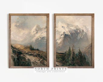 Rustic Mountain Landscape Print Set: Antique Split Panel Art (Digital Printable) S2-21