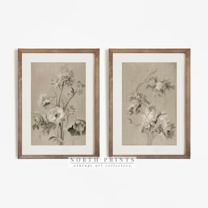 Antique Neutral Floral Print SET of Two Vintage Muted Art Digital ...