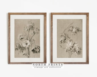 Antique Neutral Floral Print SET of Two | Vintage Muted Art | Digital PRINTABLE North Prints | S2-32