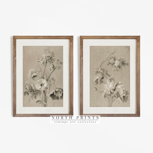 Antieke neutrale bloemenprint SET van twee | Vintage gedempte kunst | Digitale AFDRUKBARE North Prints | S2-32