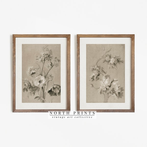 Vintage Floral Print Set: Neutral Botanical Art (Digital Printable) S2-32