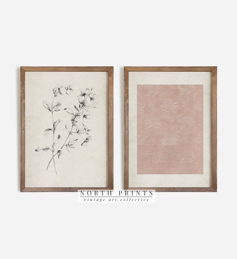 May include: A set of two framed prints. The print on the left features a black and white botanical illustration of a flower. The print on the right features a pink background with a white floral pattern. The frames are brown wood.