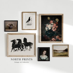 May include: A collection of framed art prints, including a black and white illustration of horses, a black and white illustration of a bird, a painting of flowers in a vase, a portrait of a woman, and a landscape painting. The prints are arranged on a white wall with the text "NORTH PRINTS Vintage Art Collective" below the prints.