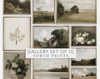 May include: A set of 10 framed landscape and floral prints in a gallery wall arrangement. The prints feature a variety of scenes, including a river, a field, a forest, and a bouquet of white flowers.