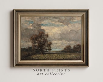 May include: A framed landscape painting depicting a field with a large tree in the foreground and a cloudy sky. The painting is in a brown frame with a gold trim.